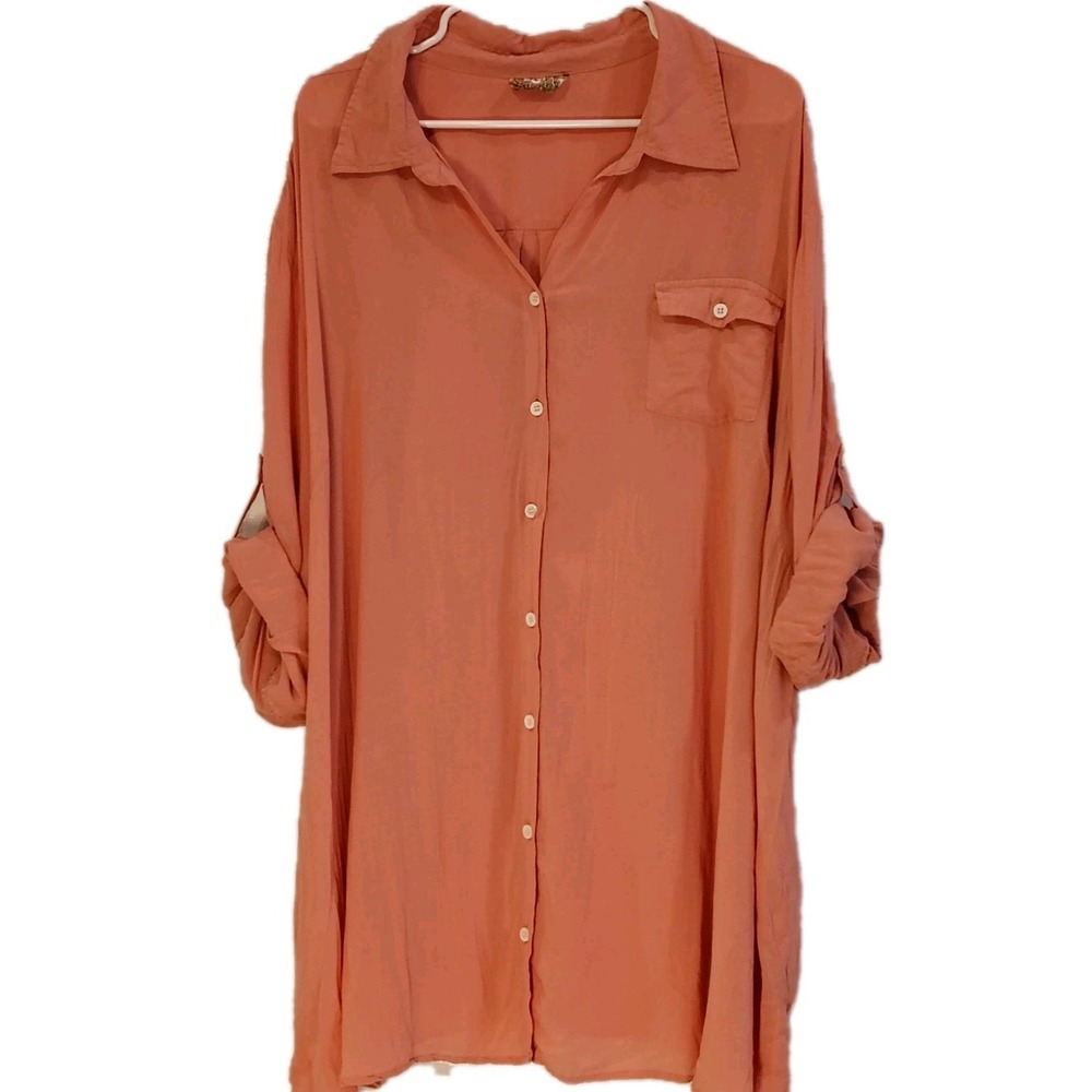 THE FLIRT TUNIC DRESS WOMENS 2XL LOOSE OVERSIZED PINK BUTTON UP ROLL UP SLEEVES